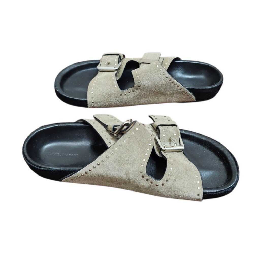 Isabel Marant Suede Studded Slide Sandals Double Buckle Taupe EU 36 - Picture 9 of 16